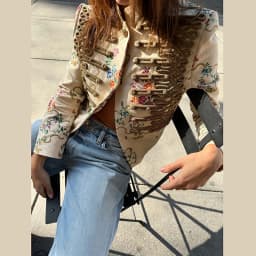 Vintage Floral Printed Cropped Military Jacket Women Stand Neck Braid Embellished Short Coat Royal Style Outerwear Street Blazer