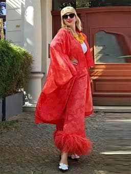 2026 Spring Women's Red Floral Jacquard Satin Kimono, Three-Quarter Sleeve Open-Front Long Casual Outerwear
