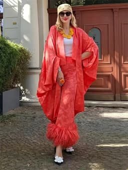 2026 Spring Women's Red Floral Jacquard Satin Kimono, Three-Quarter Sleeve Open-Front Long Casual Outerwear
