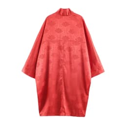 2026 Spring Women's Red Floral Jacquard Satin Kimono, Three-Quarter Sleeve Open-Front Long Casual Outerwear