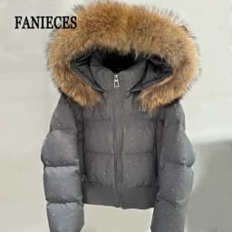 Winter Fur Collar Hooded Cotton Padded Short Coat Women Shiny Rhinestone Puffer Jacket Casual Zip Up Outerwear куртка женская