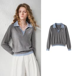 TOYOUTH Women's Fitted Polo Neck Knitwear 2026 Autumn New Contrast Color V-Neck College Style Long Sleeve Top