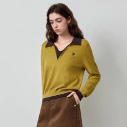 TOYOUTH Women's Fitted Polo Neck Knitwear 2026 Autumn New Contrast Color V-Neck College Style Long Sleeve Top
