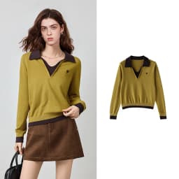 TOYOUTH Women's Fitted Polo Neck Knitwear 2026 Autumn New Contrast Color V-Neck College Style Long Sleeve Top