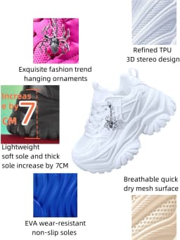 Women's outdoor all-season dad sneakers, Y2K style with a 7CM thick sole for added height, white sports shoes, featuring a detachable silver spider decoration, combined with breathable mesh and lightweight EVA, versatile trendy shoes for everyday commuting and shopping