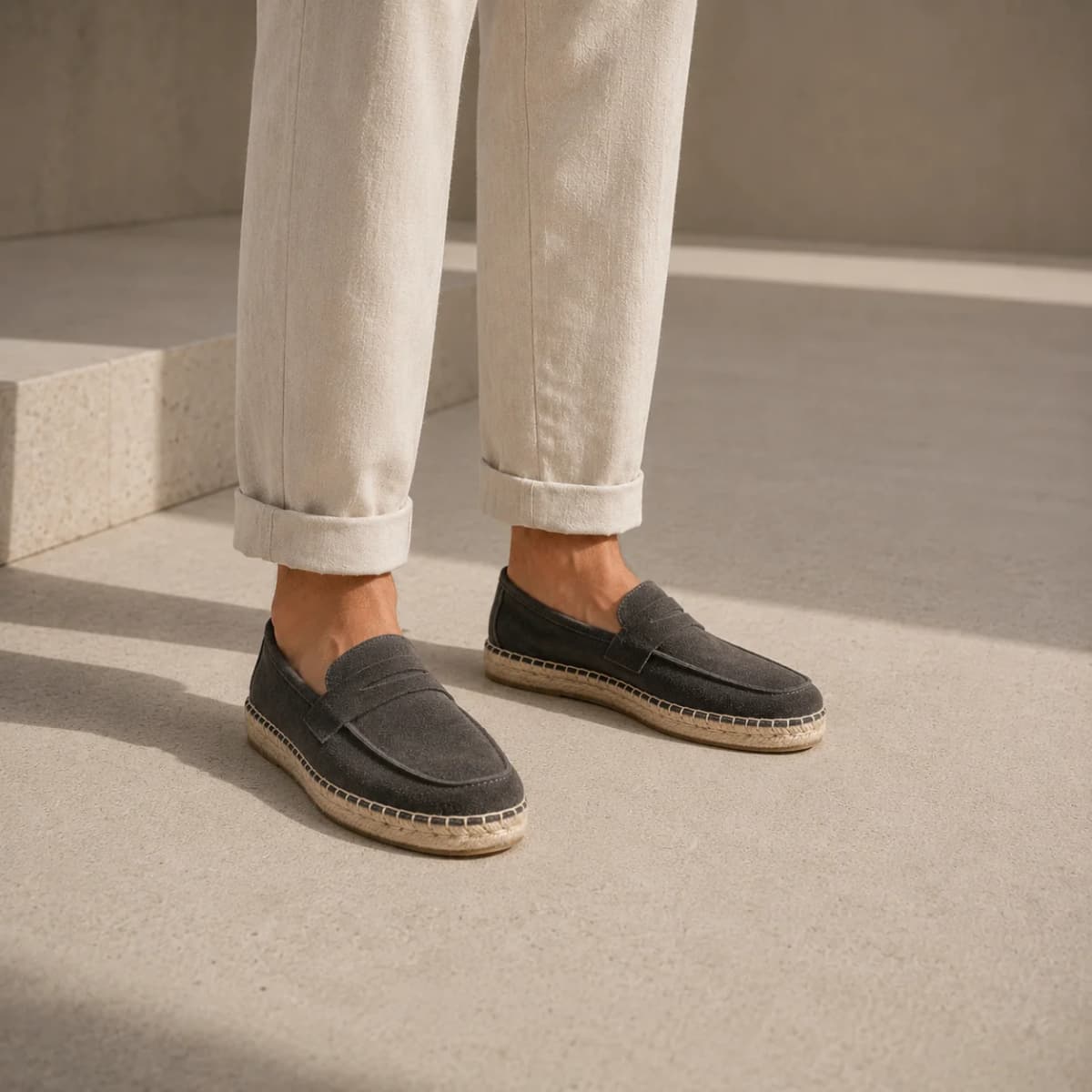 Men Genuine Suede Leather Penny Loafers Espadrilles Slip On Casual Flats Handmade Jute Sole Summer Walking Shoes