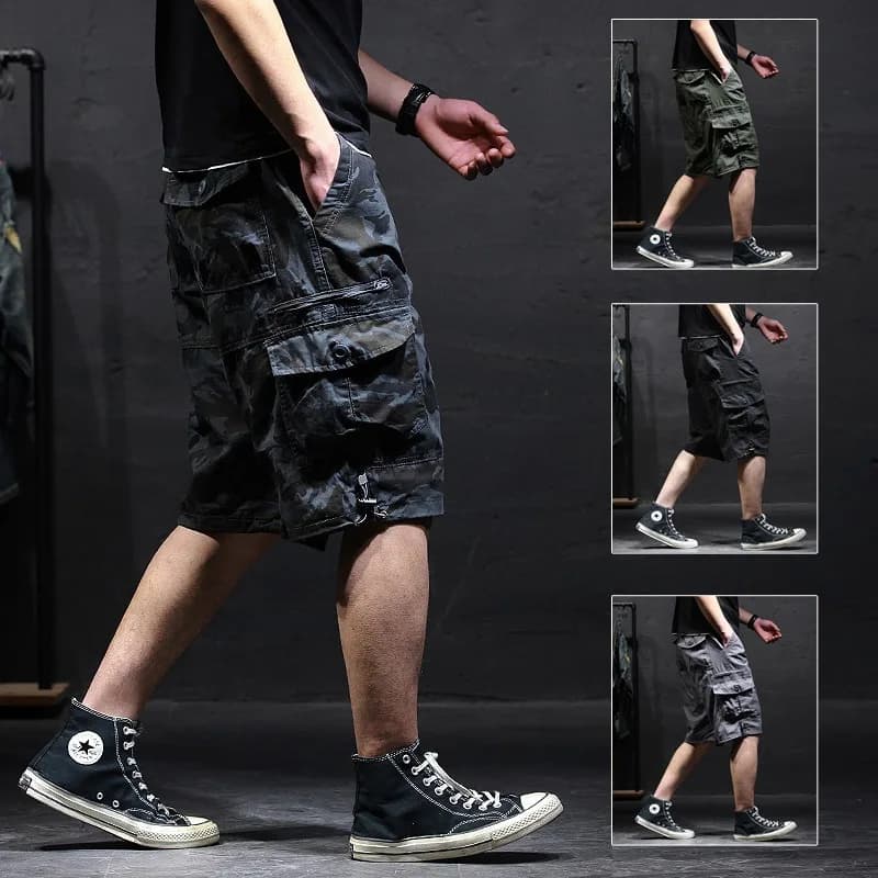 Men's Cotton Camouflage Cargo Shorts Loose Plus Size Casual Multi-Pocket Capri Pants Trendy Streetwear