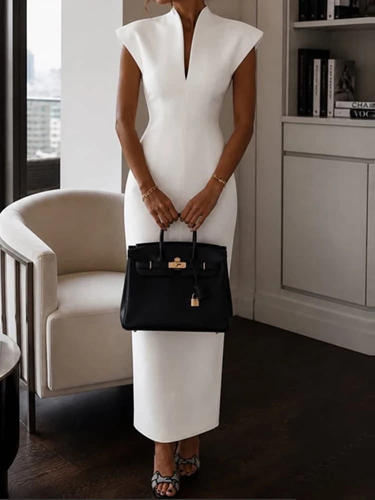 Elegant High Waist Straight Women Party Dress Casual Street Solid Holiday Dress Office V Neck Short Sleeved Summer Long Dresses