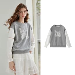 TOYOUTH Women's Fake Two Piece Sweatshirt 2026 Autumn New Arrival Preppy Sporty Digital Print Color Block Splicing Top