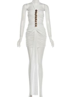 Weird Puss Mesh Patchwork Mini Dress Woman Metal Decoration Halter Off Shoulder Backless Ribbon Prom Party Sexy Fashion Bodycon