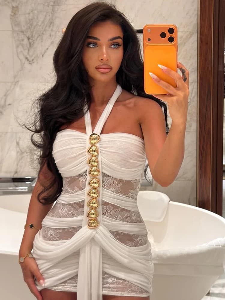 Weird Puss Mesh Patchwork Mini Dress Woman Metal Decoration Halter Off Shoulder Backless Ribbon Prom Party Sexy Fashion Bodycon