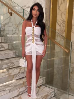 Weird Puss Mesh Patchwork Mini Dress Woman Metal Decoration Halter Off Shoulder Backless Ribbon Prom Party Sexy Fashion Bodycon