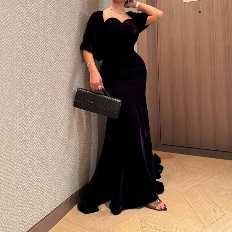 Hight Waist Solid Floor Length Dress Lady Casual Short Sleeve Slim Long Dress Sweet Sweetheart Neck Velvet Evening Dress
