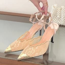 Aneikeh Elegant White Lace Slingback Stiletto Heels Pointed Toe Ankle Strap Buckle Sandals Wedding Party Ladies Dress Pumps