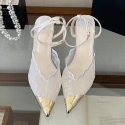 Aneikeh Elegant White Lace Slingback Stiletto Heels Pointed Toe Ankle Strap Buckle Sandals Wedding Party Ladies Dress Pumps