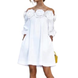 UOOZEE Women's Cotton Blend 3D Rose Off-The-Shoulder White Mini Dresses 2026 New 3/4 Sleeves Loose Elegant Party A-line Dress