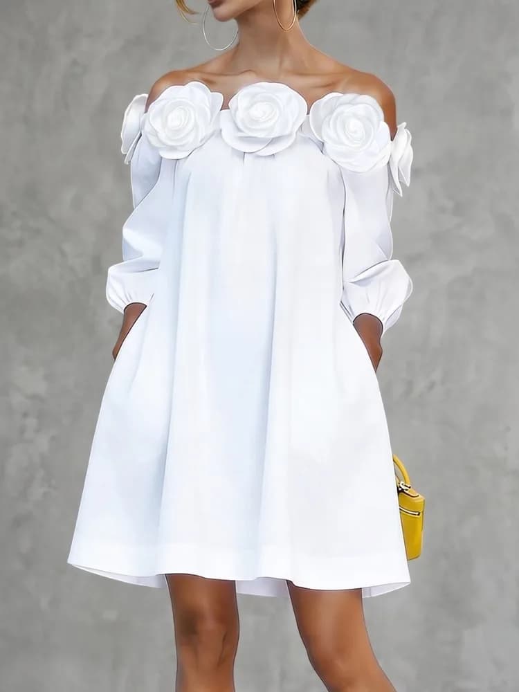 UOOZEE Women's Cotton Blend 3D Rose Off-The-Shoulder White Mini Dresses 2026 New 3/4 Sleeves Loose Elegant Party A-line Dress