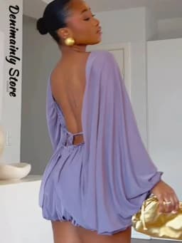 Boho Lace Up Women Mini Dress Loose Backless Round Neck Pleated Batwing Sleeve Dresses 2026 Summer Lady Vacation Party Robes New
