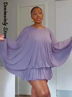 Boho Lace Up Women Mini Dress Loose Backless Round Neck Pleated Batwing Sleeve Dresses 2026 Summer Lady Vacation Party Robes New