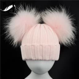 Winter Baby Knit Hat With Two Fur Pompoms Boy Girls Natural Fur Ball Beanie Kids Caps Double Real Fur Pom Pom Hat for Children