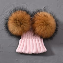 Winter Baby Knit Hat With Two Fur Pompoms Boy Girls Natural Fur Ball Beanie Kids Caps Double Real Fur Pom Pom Hat for Children