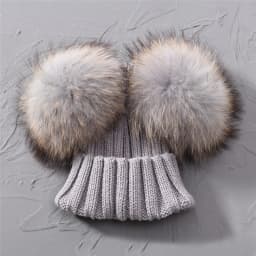 Winter Baby Knit Hat With Two Fur Pompoms Boy Girls Natural Fur Ball Beanie Kids Caps Double Real Fur Pom Pom Hat for Children