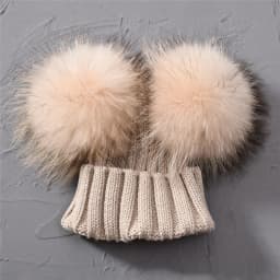 Winter Baby Knit Hat With Two Fur Pompoms Boy Girls Natural Fur Ball Beanie Kids Caps Double Real Fur Pom Pom Hat for Children