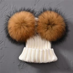 Winter Baby Knit Hat With Two Fur Pompoms Boy Girls Natural Fur Ball Beanie Kids Caps Double Real Fur Pom Pom Hat for Children