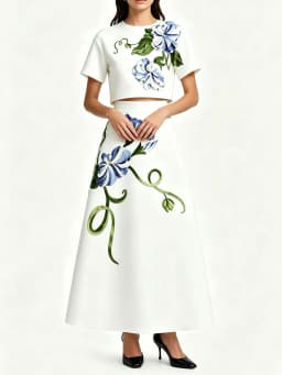 TWOTWINSTYLE Solid Spliced Flower Loose Two Piece Set for Women Round Neck Short Sleeve Top High Waist Midi Skirt Sets Female