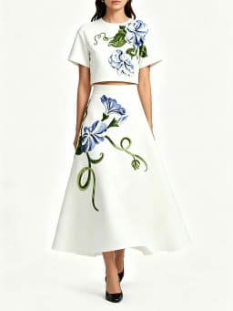 TWOTWINSTYLE Solid Spliced Flower Loose Two Piece Set for Women Round Neck Short Sleeve Top High Waist Midi Skirt Sets Female