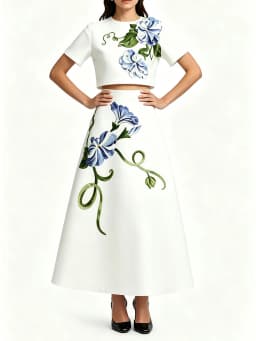 TWOTWINSTYLE Solid Spliced Flower Loose Two Piece Set for Women Round Neck Short Sleeve Top High Waist Midi Skirt Sets Female