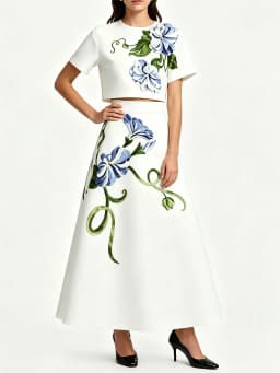 TWOTWINSTYLE Solid Spliced Flower Loose Two Piece Set for Women Round Neck Short Sleeve Top High Waist Midi Skirt Sets Female