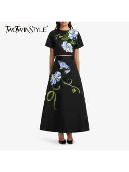 TWOTWINSTYLE Solid Spliced Flower Loose Two Piece Set for Women Round Neck Short Sleeve Top High Waist Midi Skirt Sets Female