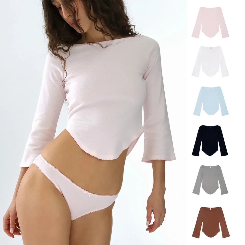 Cou Three-Quarter Sleeve Top, Off-Shoulder Boat Neck Short Lace Design, Retro Bell Sleeves, Slim Fit, Flattering for a Hot Girl Look, Three-Quarter Sleeve Base Shirt, Pure Desire Style, Can Be Worn as an Inner or Outer Layer