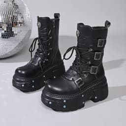 Heavy metal platform Booties dark punk heightened lace-up high boots Female zip rock biker Thick Bottom Shoes Street Shot Knight