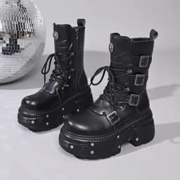 Heavy metal platform Booties dark punk heightened lace-up high boots Female zip rock biker Thick Bottom Shoes Street Shot Knight