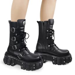 Heavy metal platform Booties dark punk heightened lace-up high boots Female zip rock biker Thick Bottom Shoes Street Shot Knight