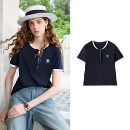 TOYOUTH Women T-shirts 2026 Summer New Vintage Button Neck Floral Embroidered Contrast Color Trim Unique Short Sleeve