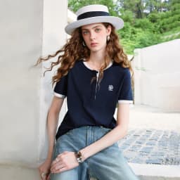 TOYOUTH Women T-shirts 2026 Summer New Vintage Button Neck Floral Embroidered Contrast Color Trim Unique Short Sleeve