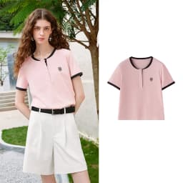 TOYOUTH Women T-shirts 2026 Summer New Vintage Button Neck Floral Embroidered Contrast Color Trim Unique Short Sleeve