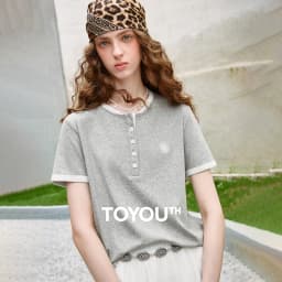 TOYOUTH Women T-shirts 2026 Summer New Vintage Button Neck Floral Embroidered Contrast Color Trim Unique Short Sleeve