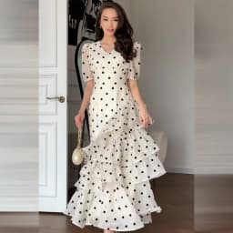 Women Elegant White Polka Dot Maxi Dress V Neck Puff Sleeve Tiered Ruffle A Line Flowy Skirt Summer Daily Date Holiday Outfit