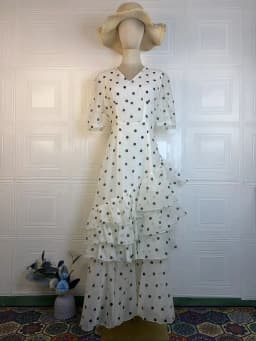 Women Elegant White Polka Dot Maxi Dress V Neck Puff Sleeve Tiered Ruffle A Line Flowy Skirt Summer Daily Date Holiday Outfit