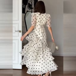 Women Elegant White Polka Dot Maxi Dress V Neck Puff Sleeve Tiered Ruffle A Line Flowy Skirt Summer Daily Date Holiday Outfit