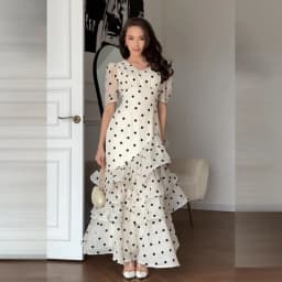 Women Elegant White Polka Dot Maxi Dress V Neck Puff Sleeve Tiered Ruffle A Line Flowy Skirt Summer Daily Date Holiday Outfit
