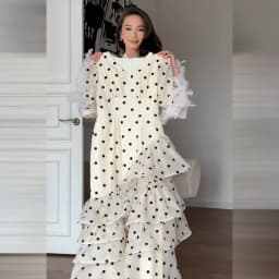 Women Elegant White Polka Dot Maxi Dress V Neck Puff Sleeve Tiered Ruffle A Line Flowy Skirt Summer Daily Date Holiday Outfit