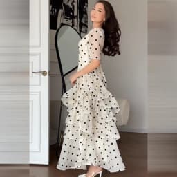 Women Elegant White Polka Dot Maxi Dress V Neck Puff Sleeve Tiered Ruffle A Line Flowy Skirt Summer Daily Date Holiday Outfit