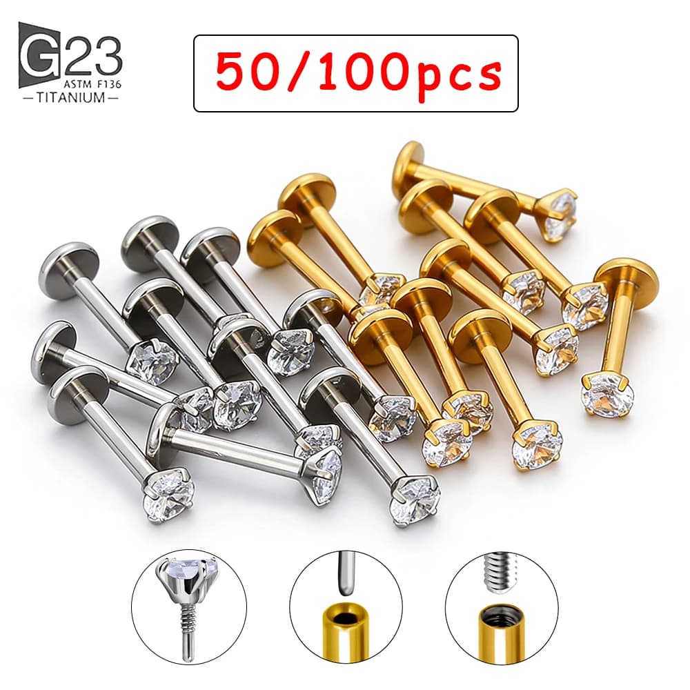 50/100Pcs ASTM F136 Titanium Labret Piercing 16G Flatback CZ Ear Lip Stud Cartilage Tragus Earring Tongue Stud Body Jewelry