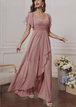 Chiffon Dress with V-Neck, Lotus Leaf Sleeves, High Waist, Pleated, Flowing Skirt, Bridesmaid Dress, French-Style Long Evening Gown