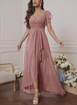 Chiffon Dress with V-Neck, Lotus Leaf Sleeves, High Waist, Pleated, Flowing Skirt, Bridesmaid Dress, French-Style Long Evening Gown